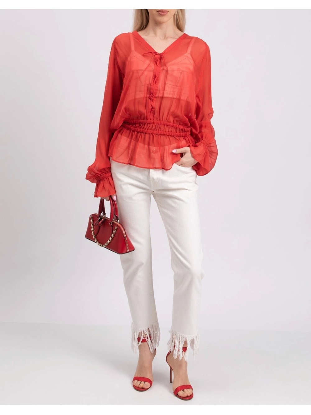 NWT Roberto Cavalli Silk Sheer Blouse IT 44 US 8 Red Lace-Up Y-Neck Top Italy